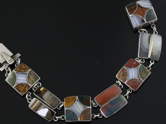An early 20th century Scottish silver and multi hardstone set bracelet, 17.2cm.